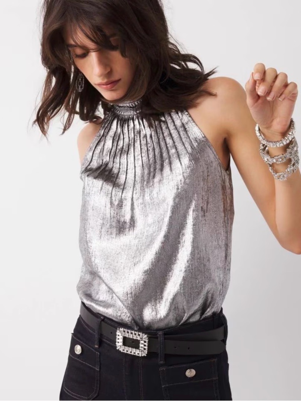 NWT BHWM Metallic Silver Halter-Neck Top size 10
